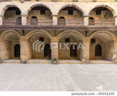 Facade of caravansary of Bazaraa, with vaulted arcades and wooden oriel windows, Cairo, Egypt Facade of caravansary of Bazaraa, with vaulted arcades and wooden oriel windows, Cairo, Egypt 89342209