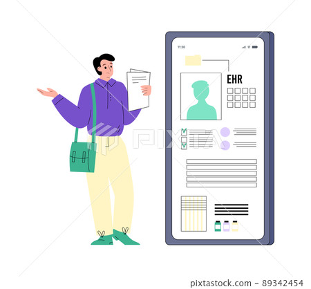 Confused man looking at paper medical records, phone with electronic health information. Confused man looking at paper medical records, phone with electronic health information. 89342454