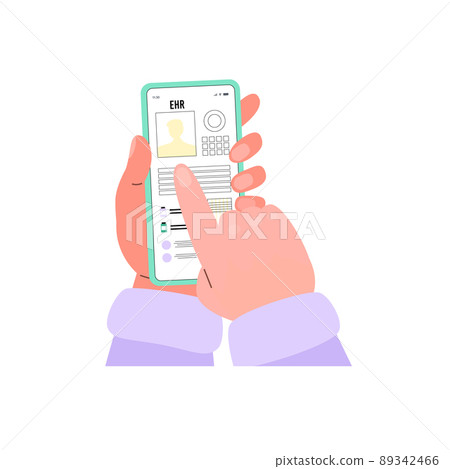 Electronic health records in smartphone, hand scrolling health database, flat vector illustration isolated on white. Electronic health records in smartphone, hand scrolling health database, flat vector illustration isolated on white. 89342466
