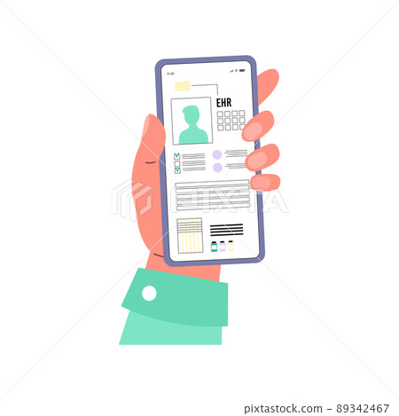 Hand holds smartphone with electronic health records on screen, flat vector illustration isolated on white background. 89342467