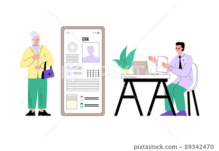 Senior woman and doctor checking electronic health record, flat vector illustration isolated on white background. Senior woman and doctor checking electronic health record, flat vector illustration isolated on white background. 89342470