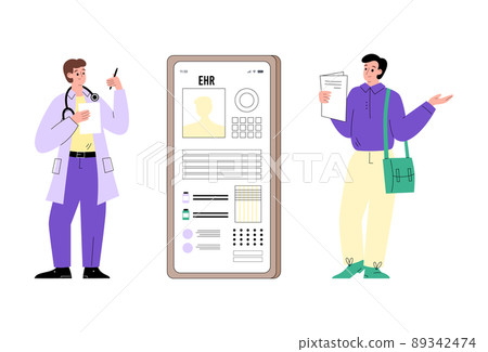 Patient and doctor nearby phone with EHR app, flat vector illustration isolated. Patient and doctor nearby phone with EHR app, flat vector illustration isolated. 89342474