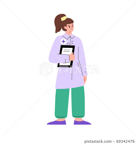 Female medical worker with clipboard, flat vector illustration isolated on white background. Female medical worker with clipboard, flat vector illustration isolated on white background. 89342476
