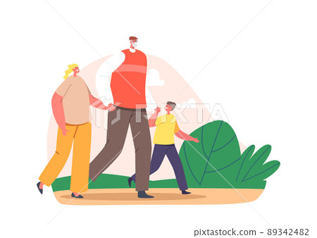 Grandfather Walk with Grandchildren in Park. Happy Family Characters Grandpa with Girl and Boy Spend Time Together 89342482