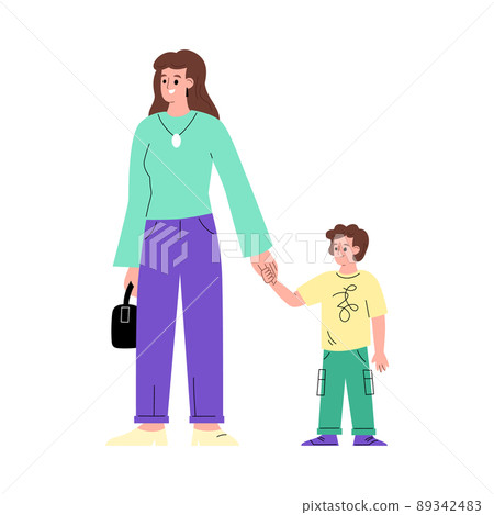 Mother holds hands with her child son, flat vector illustration isolated on white background. 89342483