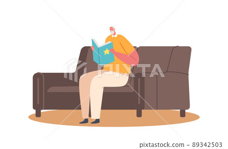 Senior Grey Haired Man in Glasses Sit on Sofa with Book in Hands. Aged Male Character Reading Hobby, Relaxed Sparetime Senior Grey Haired Man in Glasses Sit on Sofa with Book in Hands. Aged Male Character Reading Hobby, Relaxed Sparetime 89342503