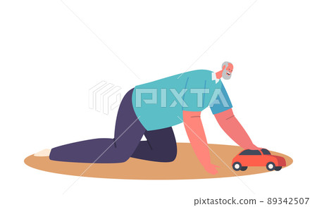 Senior Male Character Crawl on Floor with Toy Car in Hands, Grandfather Play with Child. Old Smiling Man with Baby Toys Senior Male Character Crawl on Floor with Toy Car in Hands, Grandfather Play with Child. Old Smiling Man with Baby Toys 89342507