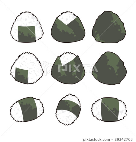 A set of triangular and bale-shaped rice balls with lines 89342703