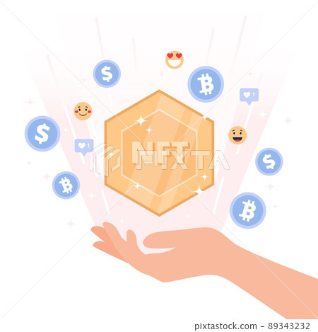 NFT token concept - hand holding non fungible token. Different currency icons amd emoji icons. Vector illusration in flat cartoon style NFT token concept - hand holding non fungible token. Different currency icons amd emoji icons. Vector illusration in flat cartoon style 89343232