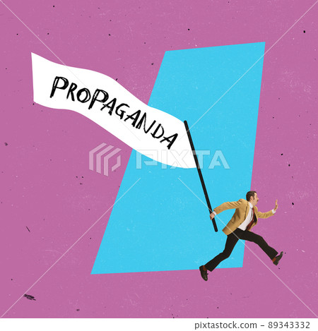 Contemporary art collage. Man running with flag of propaganda and spreading fake information into society isolated over pink background 89343332