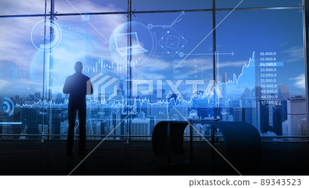 Silhouette of a trader in front of bitcoin quotes, 3D render. 89343523