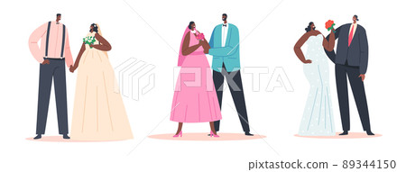 Set African Couples Wedding Ceremony, Contemporary Black Groom and Bride Characters Wear Festive Clothes, Newlyweds 89344150