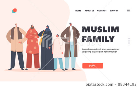 Traditional Muslim Family Landing Page Template. Parents, Grandparents and Child, Young and Old Characters. Arab People 89344192