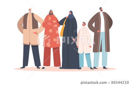 Traditional Muslim Family, Parents, Grandparents and Child, Young and Old Characters. Arab People Wear National Clothes 89344210