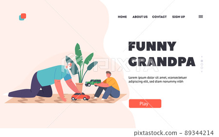 Funny Grandpa Landing Page Template. Happy Family Characters Grandfather and Kid Playing Toys Sitting on Floor Funny Grandpa Landing Page Template. Happy Family Characters Grandfather and Kid Playing Toys Sitting on Floor 89344214
