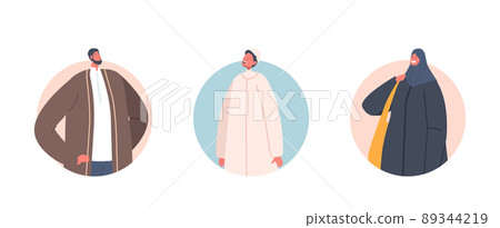 Traditional Arab People Male, Female and Kid Characters Avatars, Round Icons. Parent and Child Wear National Clothes Traditional Arab People Male, Female and Kid Characters Avatars, Round Icons. Parent and Child Wear National Clothes 89344219