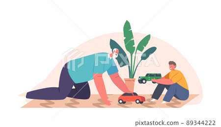 Happy Family Characters Grandfather and Kid Playing Toys Sitting on Floor. Old Man and Small Boy Game and Fun Happy Family Characters Grandfather and Kid Playing Toys Sitting on Floor. Old Man and Small Boy Game and Fun 89344222