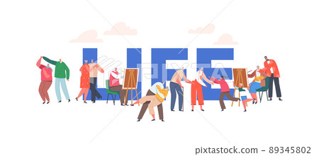 Elderly People Hobby and Active Life Concept. Old Male and Female Characters Painting, Dancing, Meet with Grandchildren Elderly People Hobby and Active Life Concept. Old Male and Female Characters Painting, Dancing, Meet with Grandchildren 89345802