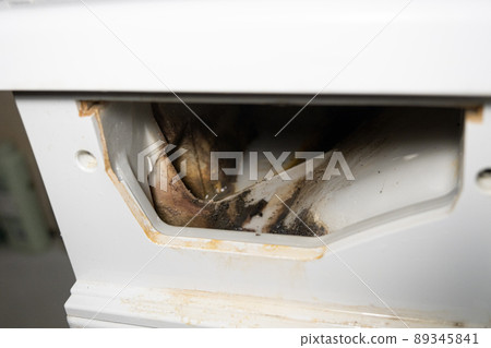 Dirty compartment in the washing machine. Black mold, rust and limescale in large quantities inside the washing machine 89345841