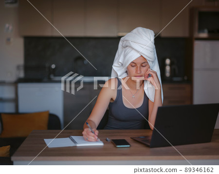 young asian woman at home, remote work 89346162