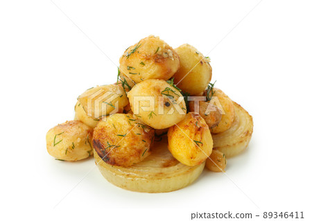Baked potato with onion isolated on white background Baked potato with onion isolated on white background 89346411