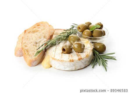 Concept of tasty food with grilled camembert isolated on white background Concept of tasty food with grilled camembert isolated on white background 89346583