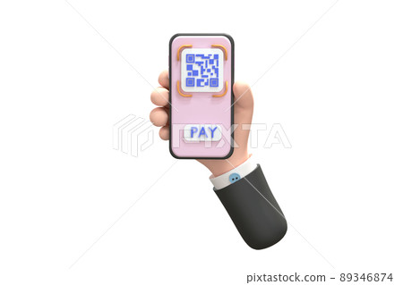 3D. QR code scanning icon in smartphone. hand holding Mobile phone, barcode scanner for pay. 89346874