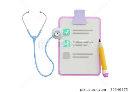 3D. Stethoscope and notes on blue background, health check concept. 89346875