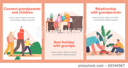 Children Visit Grandfather Banners. Grandpa Playing, Read Book, Walk in Park Together with Grandchildren, Happy Family 89346967