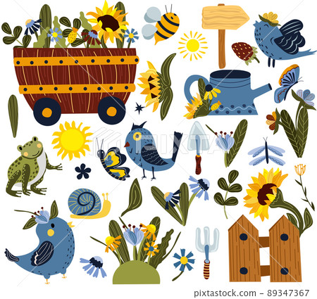 Spring collection, bird, gardening instruments, fairytale garden wheelbarrow with wildflowers and sunflower, watering can, butterfly and other. Vector illustration 89347367