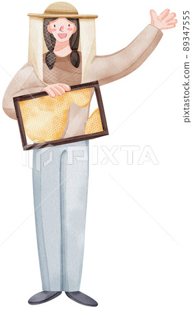 Honey set with jar, barrel, bees, honeycombs, buckwheat flowers. Isolate. watercolor illustration. 89347555