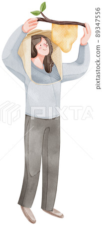 Honey set with jar, barrel, bees, honeycombs, buckwheat flowers. Isolate. watercolor illustration. 89347556