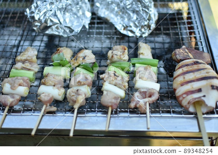 夏季燒烤烤雞肉串、魷魚和箔 夏季燒烤烤雞肉串、魷魚和箔 89348254