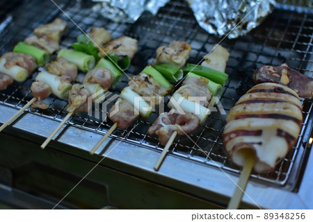 夏季燒烤烤雞肉串、魷魚和箔 夏季燒烤烤雞肉串、魷魚和箔 89348256