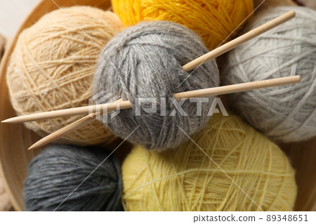 Balls of yarn, close up and top view 89348651