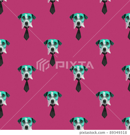 Muzzle of a Jack Russell Terrier dog with glasses and a tie on a pink background. Isolate. Seamless pattern. Muzzle of a Jack Russell Terrier dog with glasses and a tie on a pink background. Isolate. Seamless pattern. 89349318