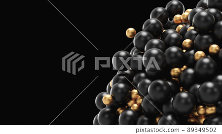 3d render Black and gold geometric balls hit each other with a magnet in a pile in the form of a ball in the air 3d render Black and gold geometric balls hit each other with a magnet in a pile in the form of a ball in the air 89349502