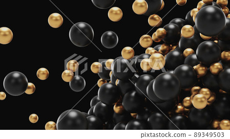3d render Black and gold geometric balls hit each other with a magnet in a pile in the form of a ball in the air 89349503