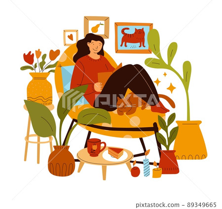 Lazy weekend girl. Relaxing lifestyle. Woman in cozy interior reads book. Famale sitting in comfortable armchair. Home procrastination. Hot tea and cake. Hygge atmosphere. Vector concept Lazy weekend girl. Relaxing lifestyle. Woman in cozy interior reads book. Famale sitting in comfortable armchair. Home procrastination. Hot tea and cake. Hygge atmosphere. Vector concept 89349665