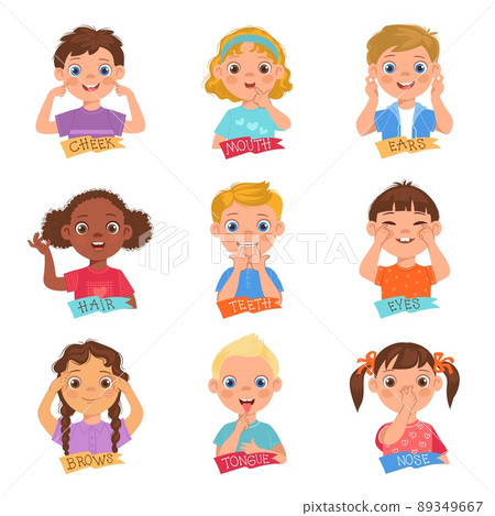 Kids pointing face part. Little funny children demonstrate different head organs. Educational pictures. Boys or girls touch cheeks and noses. People learn anatomy. Vector body studying set 89349667