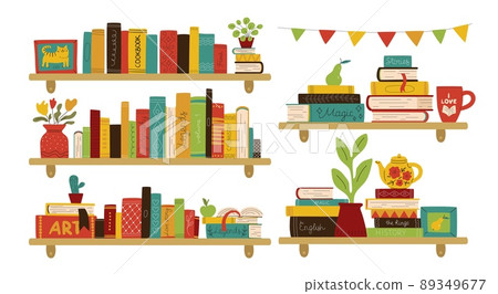 Interior bookshelves. Home library. Color rows and stacks with different titles. Poetry, prose and novels. Room walls details. Dictionaries and textbooks. Vector literature elements set Interior bookshelves. Home library. Color rows and stacks with different titles. Poetry, prose and novels. Room walls details. Dictionaries and textbooks. Vector literature elements set 89349677