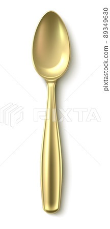 Golden spoon top view. Realistic metal cutlery 89349680