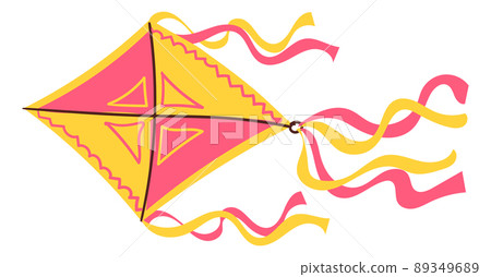 Flying kite. Paper toy with ribbon tails waving in wind. Air snake. Makar Sankranti celebration. Outdoor entertainment. Kids game. Summer festival. Child play. Vector isolated object Flying kite. Paper toy with ribbon tails waving in wind. Air snake. Makar Sankranti celebration. Outdoor entertainment. Kids game. Summer festival. Child play. Vector isolated object 89349689
