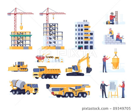Construction process. Machines and technics. Architect, welder and builder. Unfinished house. Crane or excavator. Building transport. Concrete mixer. Vector housing development set 89349705