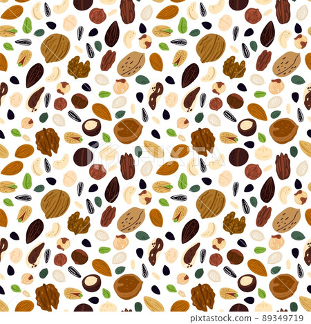 Cartoon nuts seamless pattern. Vegan superfood. Peeled or unpeeled walnuts. Pistachios and hazelnuts. Healthy nutrition. Food products. Pumpkin or sunflower seeds. Vector background Cartoon nuts seamless pattern. Vegan superfood. Peeled or unpeeled walnuts. Pistachios and hazelnuts. Healthy nutrition. Food products. Pumpkin or sunflower seeds. Vector background 89349719