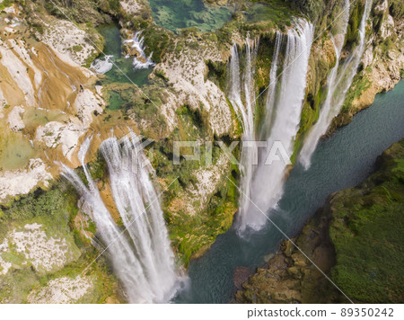 Aerial view of Beautiful Fascinating Tamul Waterfall with turquoise water in San Luis Potosi, Mexico 89350242