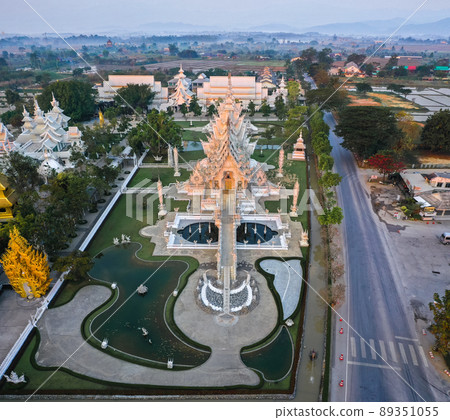 Aerial view of Wat Rong Khun, the white temple, at sunrise, in Chiang Rai, Thailand 89351055