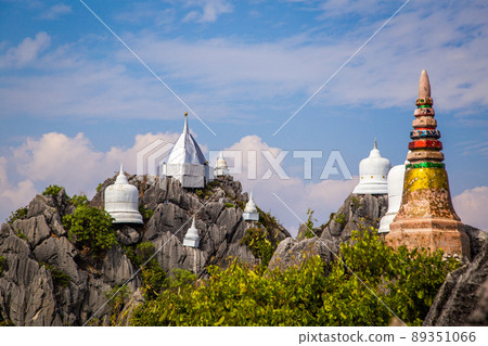 Aerial view of Wat Chaloem Phra Kiat Phrachomklao Rachanusorn, sky pagodas on top of mountain in 89351066