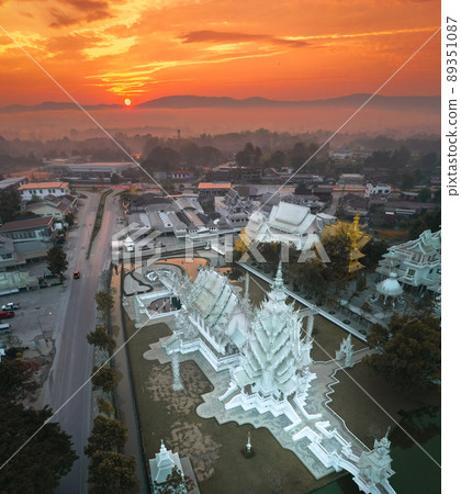 Aerial view of Wat Rong Khun, the white temple, at sunrise, in Chiang Rai, Thailand 89351087