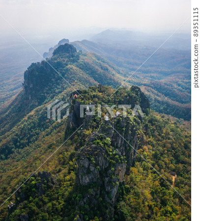 Aerial view of Wat Chaloem Phra Kiat Phrachomklao Rachanusorn, sky pagodas on top of mountain in Aerial view of Wat Chaloem Phra Kiat Phrachomklao Rachanusorn, sky pagodas on top of mountain in 89351115